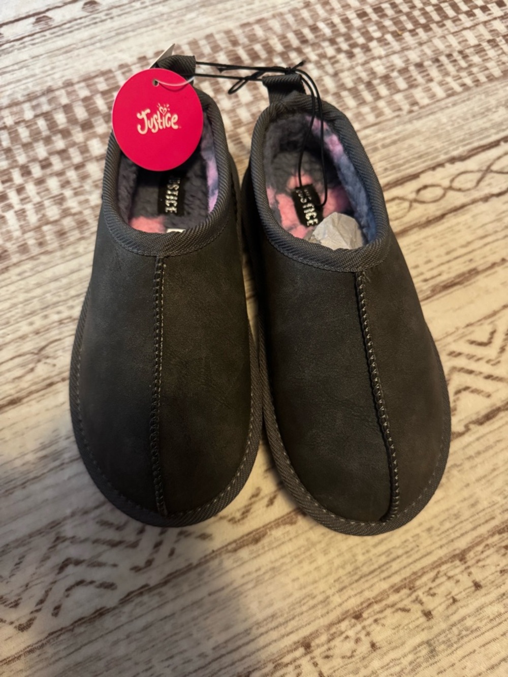 Justice Plush-Lined Slip-On Slippers - Charcoal Gray with Pink Accent